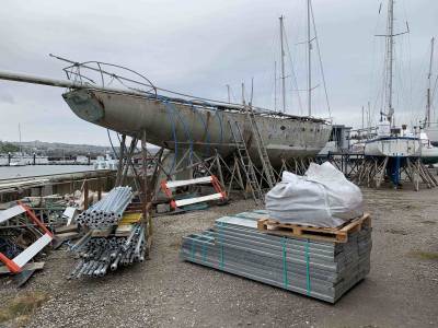 Ex-Ocean Youth Club 72ft ketch, Francis Drake, being restored in Plymouth