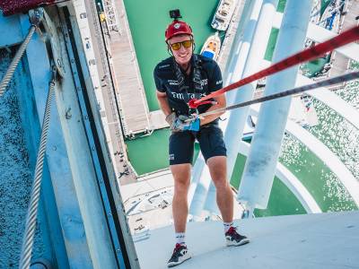 Sailing’s coming home! Emirates GBR abseils into Portsmouth ahead of the Emirates Great Britain Sail Grand Prix